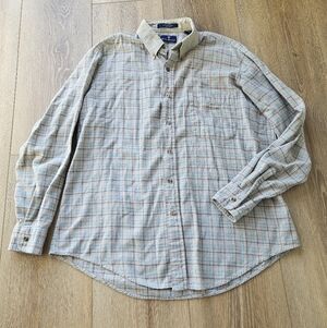 Men's Bill Blass Long Sleeve Button Up Plaid Tan, Cream, Blue Shirt | Large